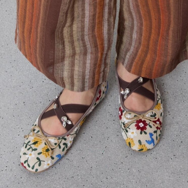 Embroidery Flat Shoes - Embroidery Flower Ballet Flats Women Rhinestone