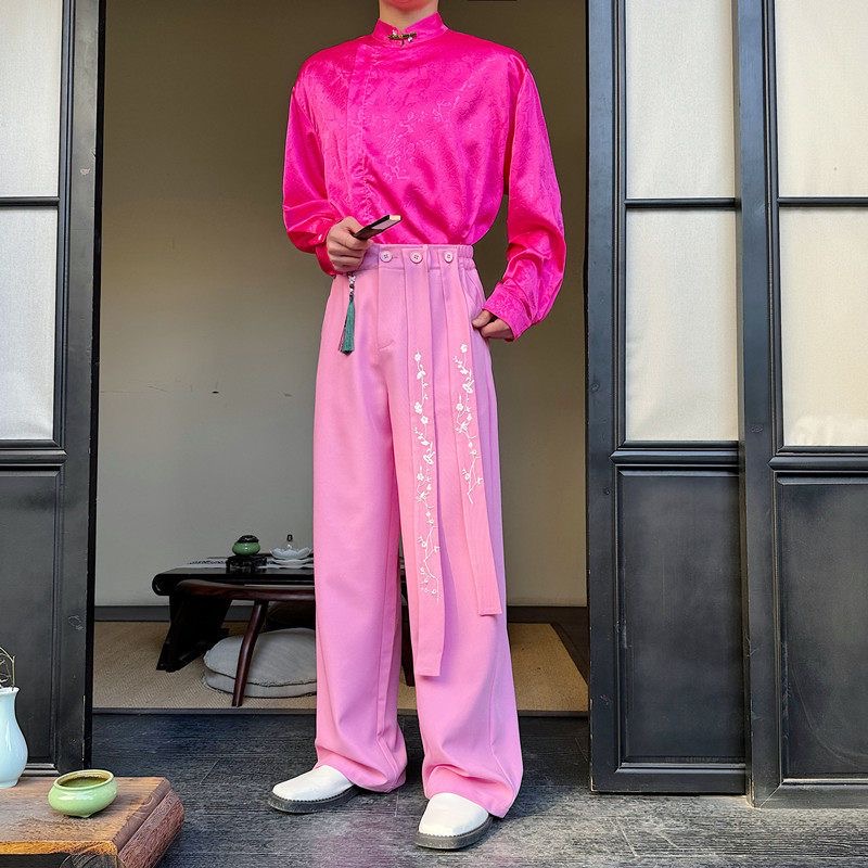 Embroidery Ribbon - Men Embroidery Ribbon Draped Pants Male