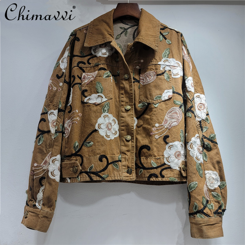 Embroidery Jacket Jeans - Vintage Turn-Down Collar Embroidered Floral Denim