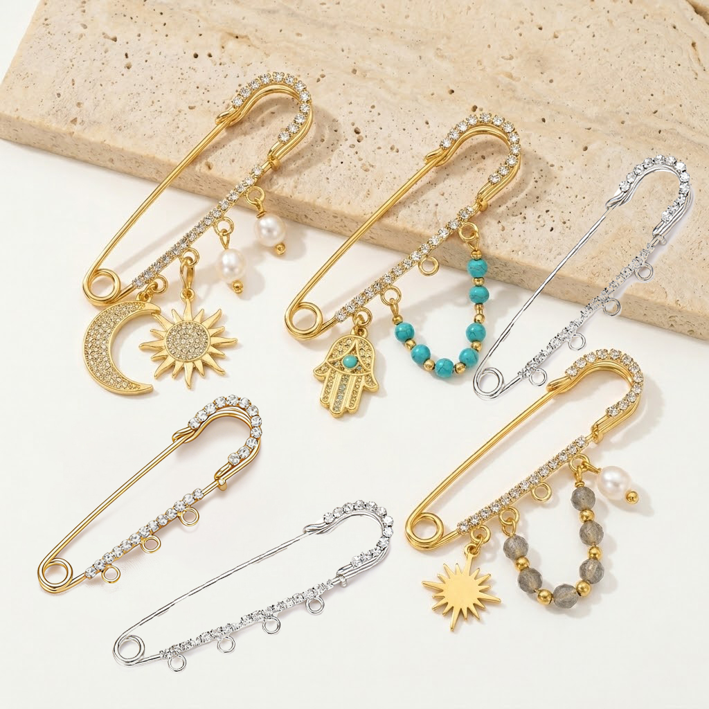 Embroidery Simple - 5pcs Rhinestone Charms Safety Pins Long