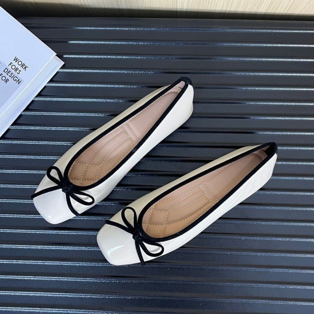 Embroidery Flat Shoes - Women Nude Pink Patent Leather Ballet