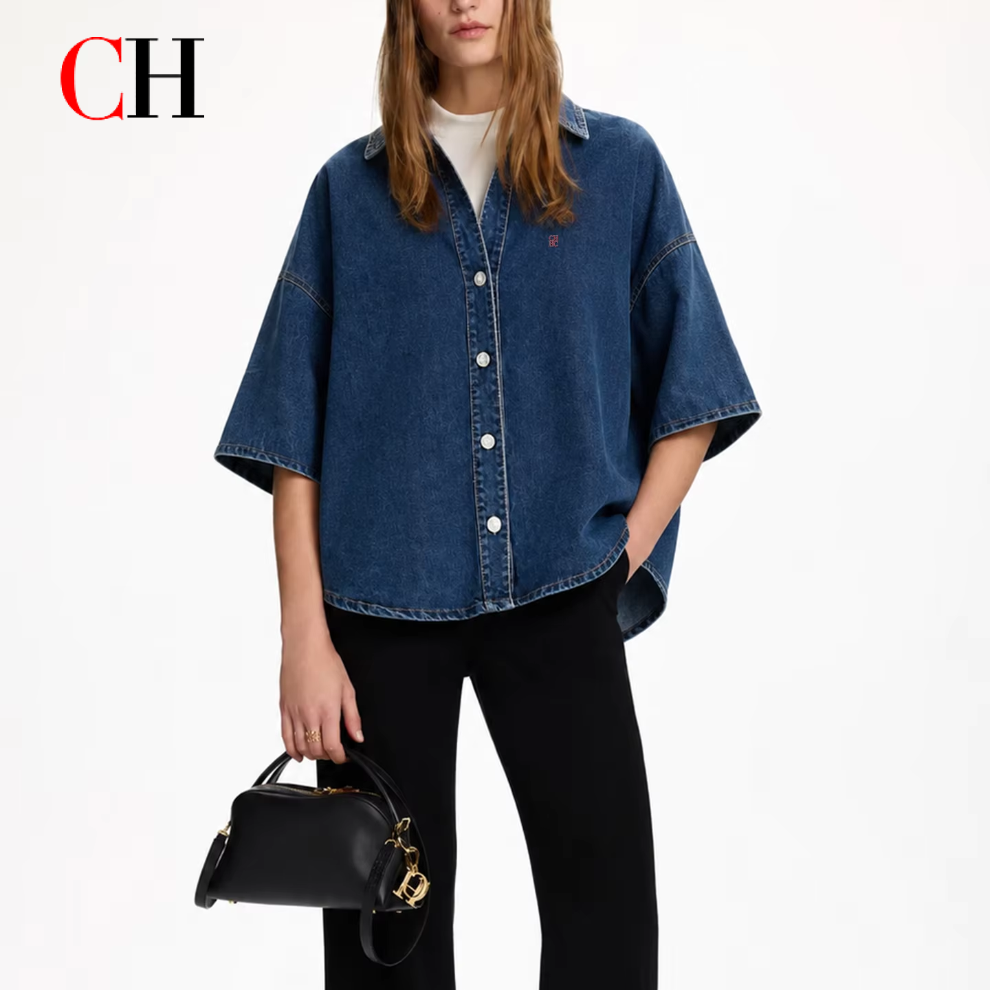 Embroidery Uniform - CH Letter Embroidered Solid Color Denim