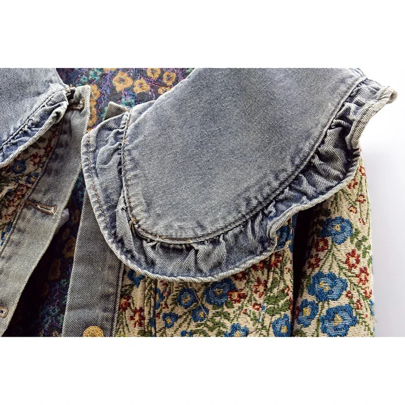 Embroidery Jacket Jeans - Ruffles Embroidery Jacquard Peter Pan Collar
