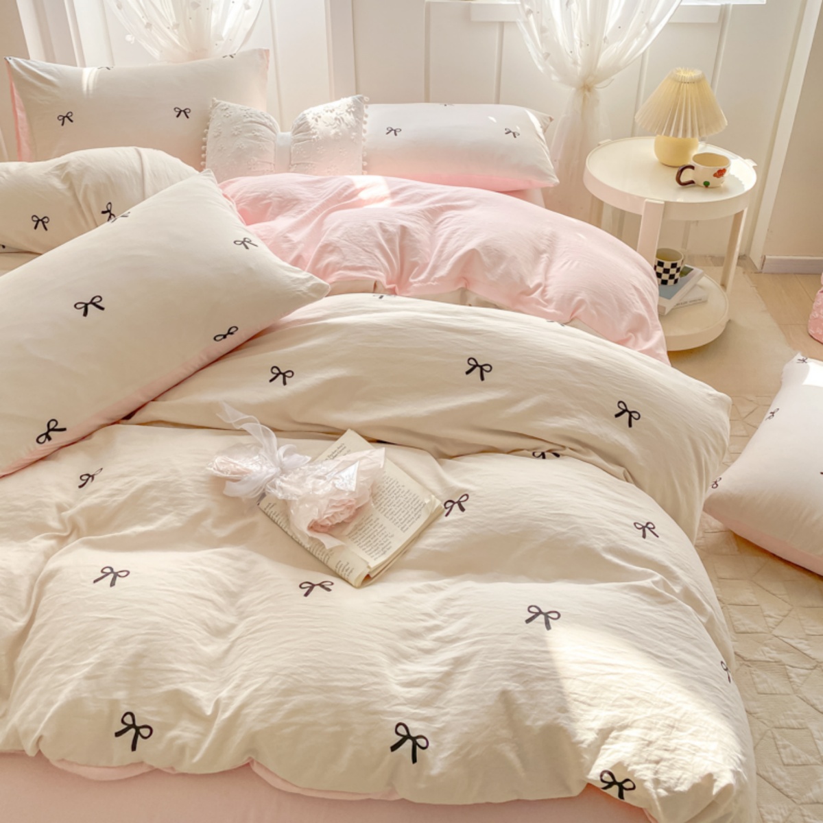 3 Piece Sheet Set  pink bowkno – обзор и цена Embroidery Quilt Cover